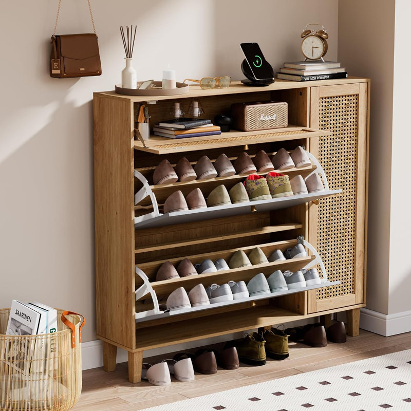 Rattan Shoe Cabinet with Flip Drawers, Natural&Grey
