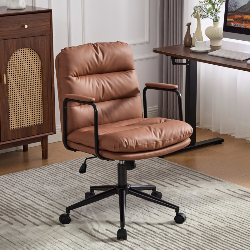 Office Chair With 40 Reclining Back, Mid Back And Padded , Wheels, Ergonomic Pu Leather, 360 Swivel, Adjustable Height, Double Sponge Cushion, Black, For Bedroom Study Makeup Vanity