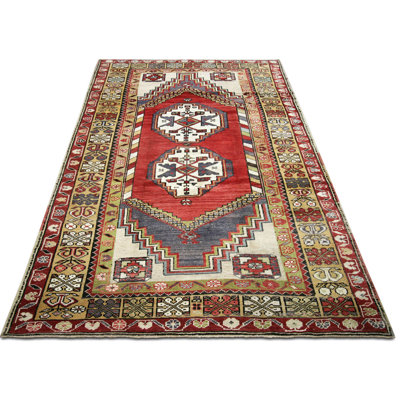 One-of-a-Kind Hand-Knotted 1960s 5'3" x 8'6" Wool Area Rug in Red/White/Beige/Gray
