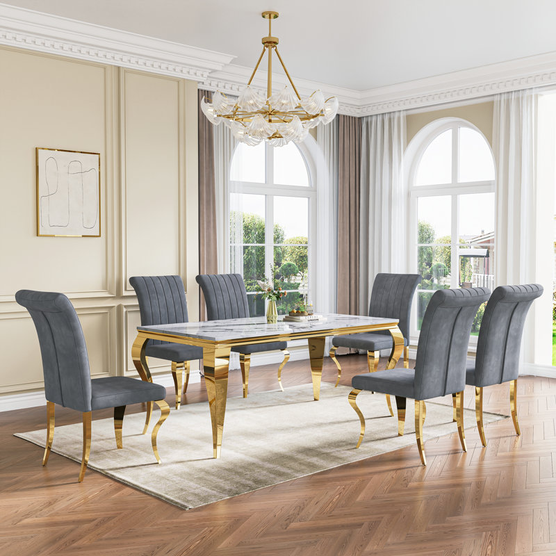 70" Large Rectangular Marble Dining Table, Elegant Faux Marble Kitchen Table With S-Shape Stainless Steel Legs, Luxury Dining Table