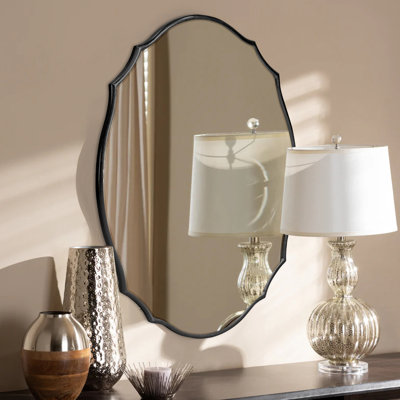 Classic Scalloped Mirror with Wooden Frame for Bathroom or Entryway