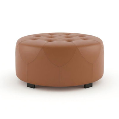 Upholstered Button Tufted Round Ottoman,PU, Orange Brown,