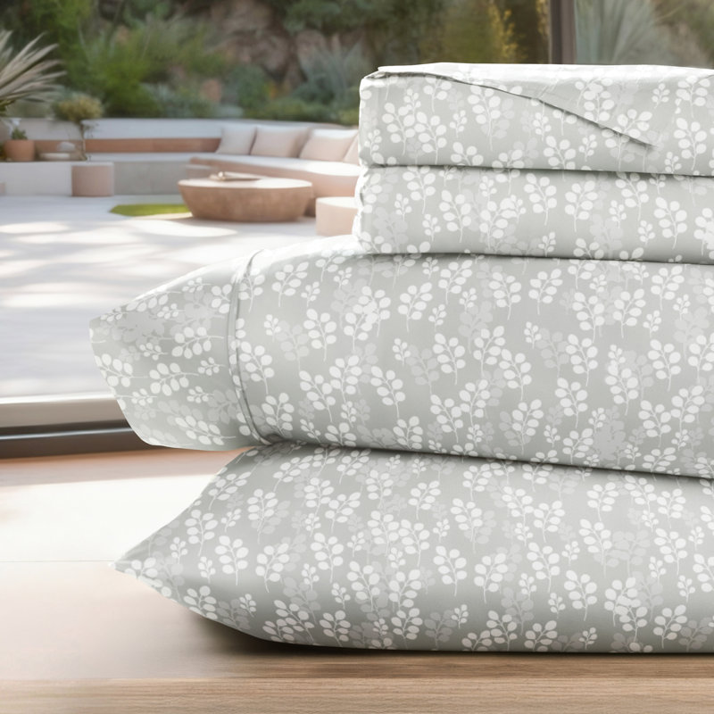 Ensemble de draps en microfibre Floral Wheatfield, Gris, Très grand lit