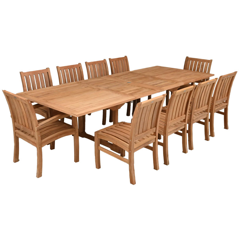 Ensemble de salle à manger 11 pièces en bois de teck comprenant une table à rallonge rectangulaire double avec 2 fauteuils Abacho et 8 chaises d'appoint
