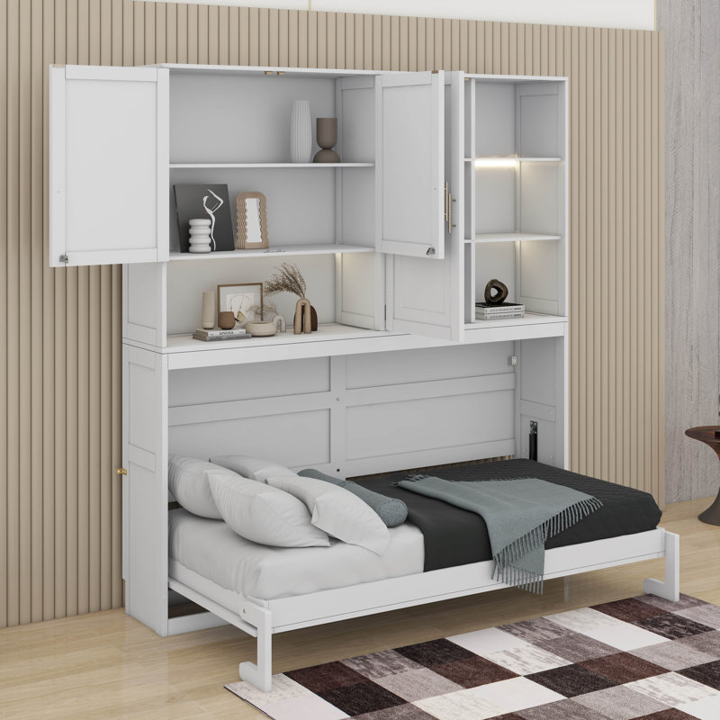 Lit escamotable mural simple avec armoire supérieure, tablettes et port USB, Blanc