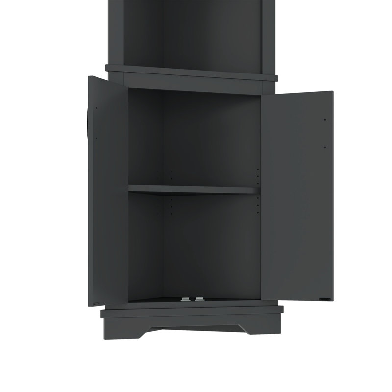 Grande armoire de coin noire avec portes et tablettes ouvertes, rangement compact pour le salon et la salle de bain, Noir