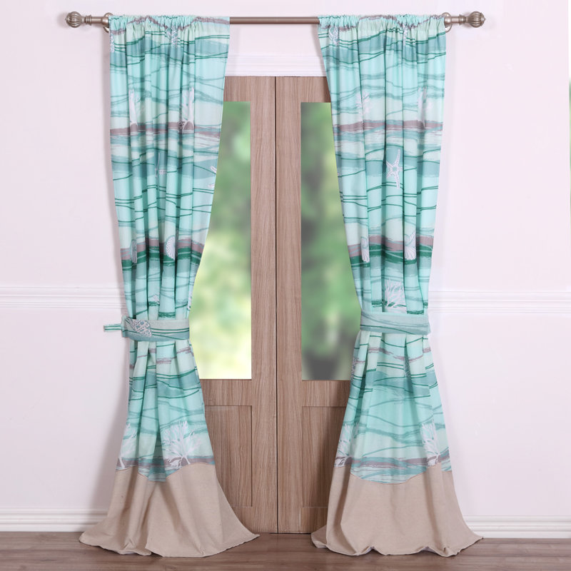 Maui Blue and Beige Cotton Linen Rod Pocket Window Panels