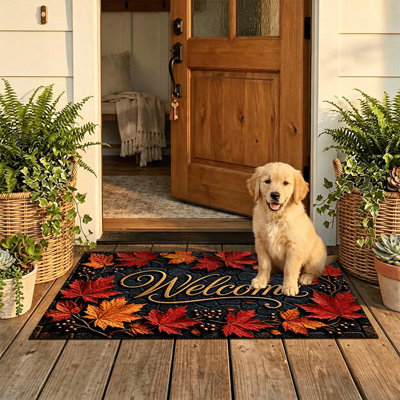 Tapis de porte antidérapant intérieur/extérieur, 61 x 91 cm, cadre doré à feuilles