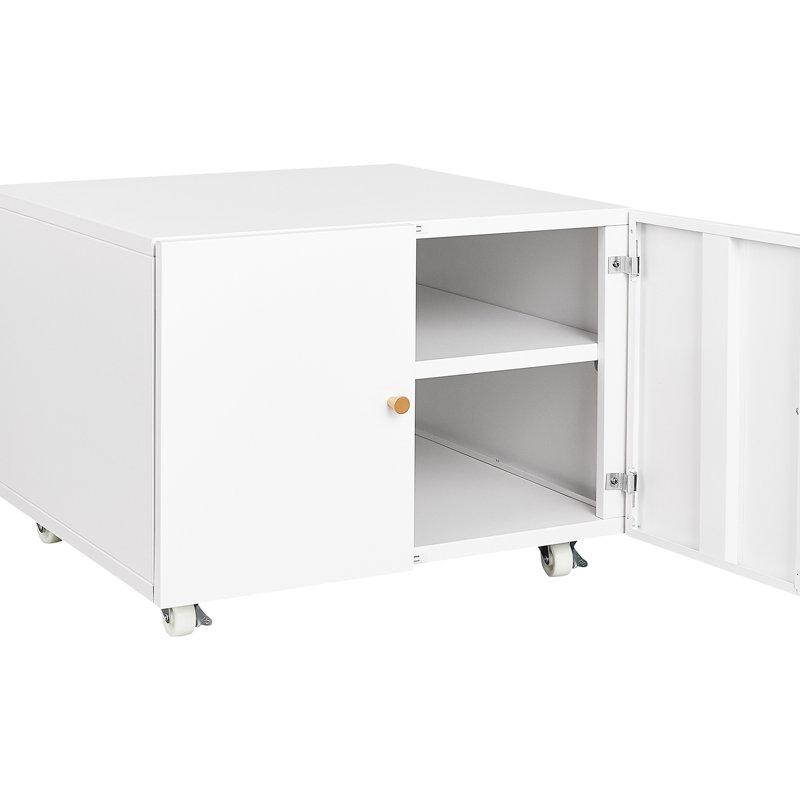Armoire d'imprimante de bureau blanche en acier: mobile à 2 portes avec 4 roulettes pivotantes et finition lisse, Blanc