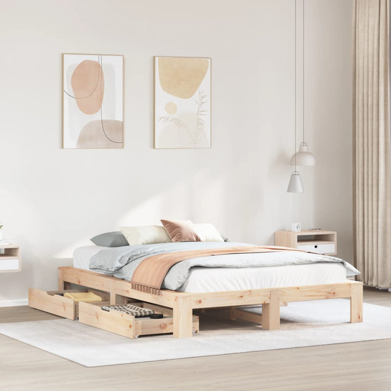 Solid Wood Drawers Bed Frame, European Double (140 x 200 cm), Brown