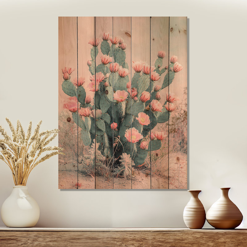 Pastel Cactus Bloom In The Desert IV - Floral Cactus Wood Wall Decor - On Natural Pine Wood, 20" H x 10" W x 0.78" D