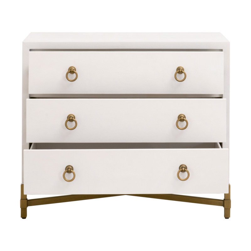 Cream and Gold 3-Drawer Faux Shagreen Nightstand