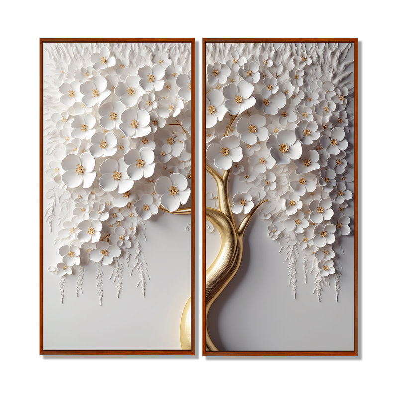 Orchidée blanche jardin de branches - impression d'art mural floral moderne (sans texture) de 2, H 40 po x l 40 po, Brun
