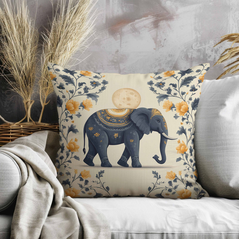 Oreiller en faux suède Moonbeam Elephant, Carré 16 po, Jaune/gris