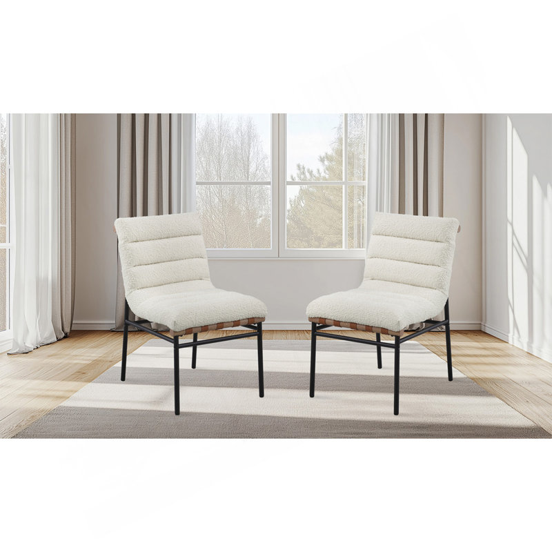 Ensemble de 2 chaises de salle à manger en tissu blanc avec pieds en fer noir, White, Blanc