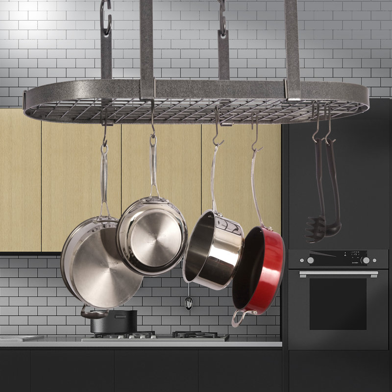 Hammered Steel Oval Ceiling Pot Rack with Hooks