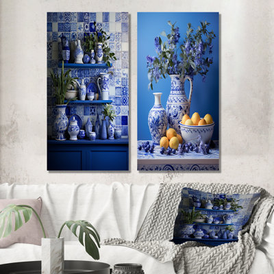 Mediterranean Tile Still Life Kitchen I - Boho Pottery Canvas Prints Set Of 2