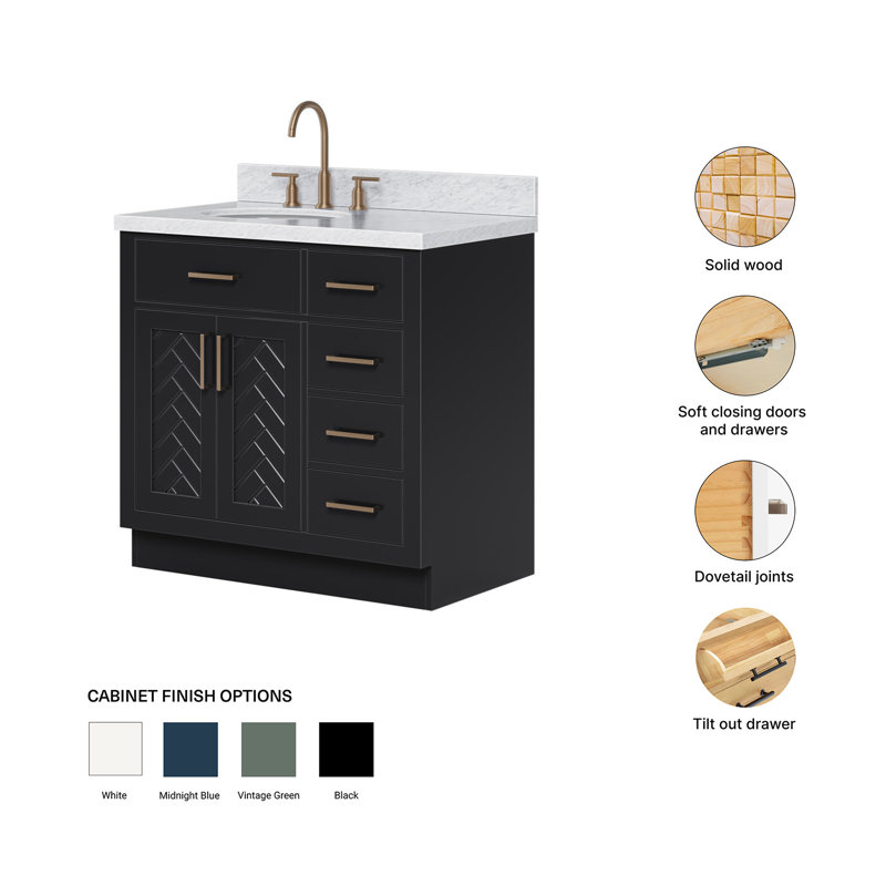 Ensemble de meuble-lavabo ovale simple 37 po à chevrons avec comptoir en marbre blanc de Carrare noir 1,5 po Chevron, Ovale
