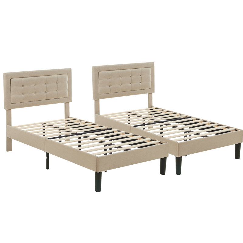 Scarpaci Twin Size Upholstered Bed Frame Set of 2, 2 Pieces Twin Platform Bed Frame with Adjustable Headboard, Wooden Slats Support, No Box Spring Needed, Noise-Free