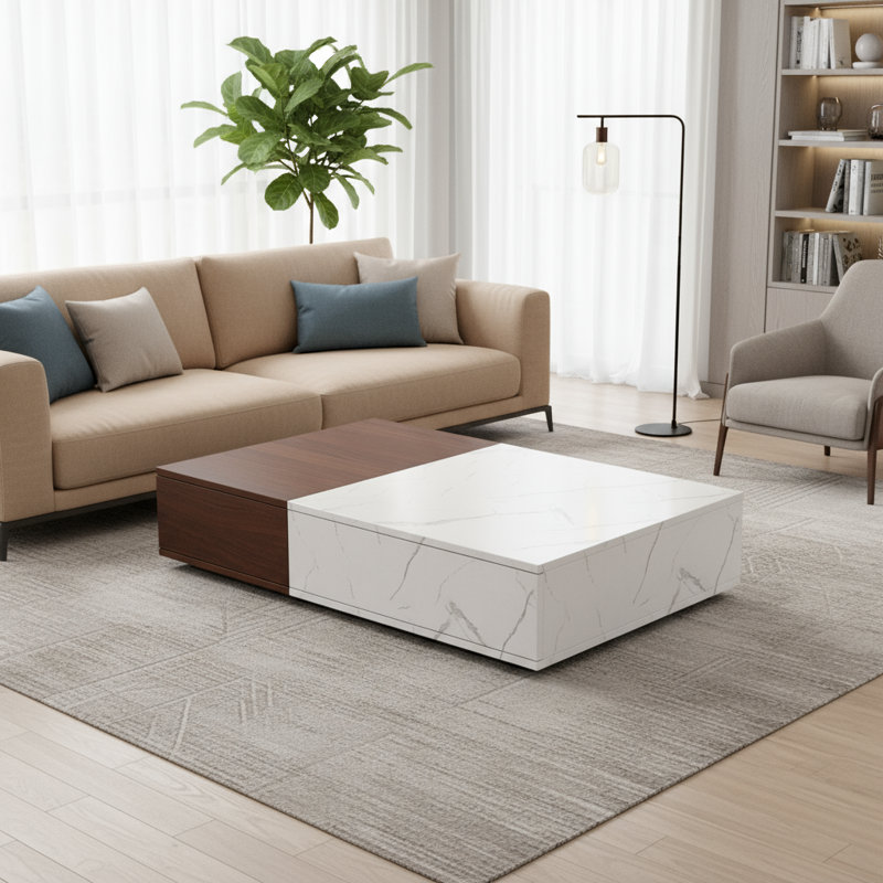 Table basse de style moderne (style noyer), comprenant deux espaces de rangement, une esthétique équilibrée et un rangement quotidien