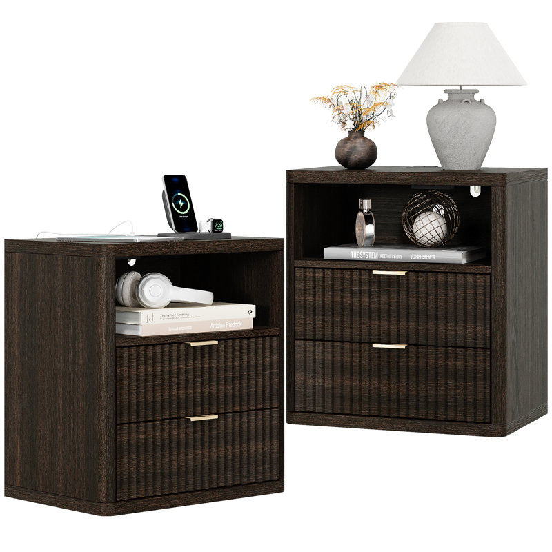 Valerica 2-Drawer Fluted Nightsatnd with Charging Station, Walnut
