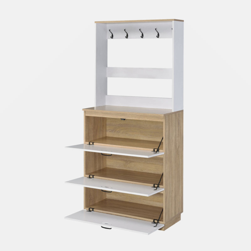Light Oak And White Shoe Cabinet With Drop Down Drawer