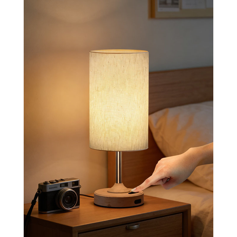 Lampe de table rechargeable sans fil avec minuterie et contrôle tactile à intensité variable, lampe de bureau à DEL portable avec abat-jour en tissu et base en grain de bois pour la chambre à coucher, le salon et l'éclairage ambiant