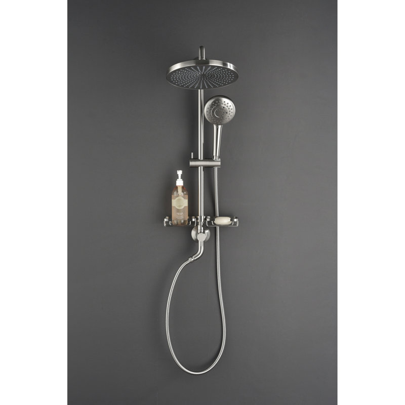 Combinaison de douche en nickel brossé avec pomme de douche à effet pluie de 10 po, douche à 4 mains, prise à glissière réglable et porte-savon avec cravate