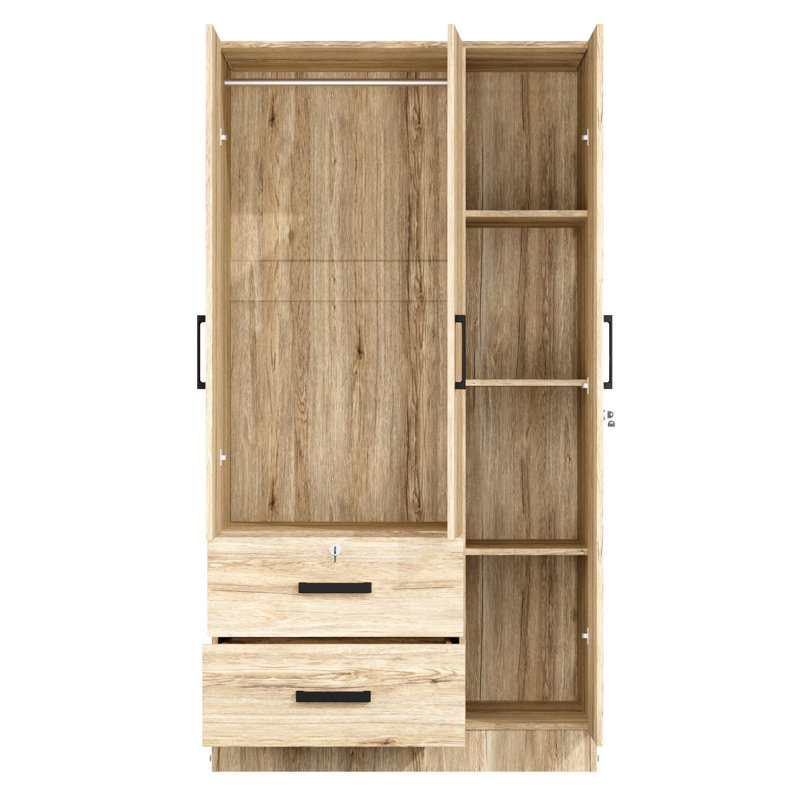  Armoire garde-robe avec deux miroirs pratiques placés sur les portes et deux tiroirs, Naturel