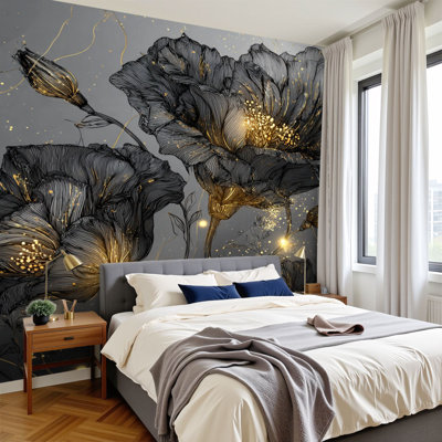 Boho Peel and Stick Wallpaper Black White Floral Wall Art Dramatic Bloom Golden Grey Wall Murals 100"H x 144"W Removable PVC Wall Paper Self-Adhesive Botanical Wall Decor for Bedroom Living Room