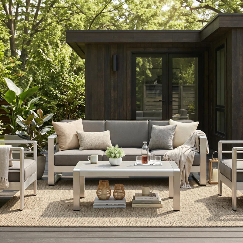 Caggiano 76.25'' Wide Straight Aluminum Patio Sofa with Cushions, Gray/Silver