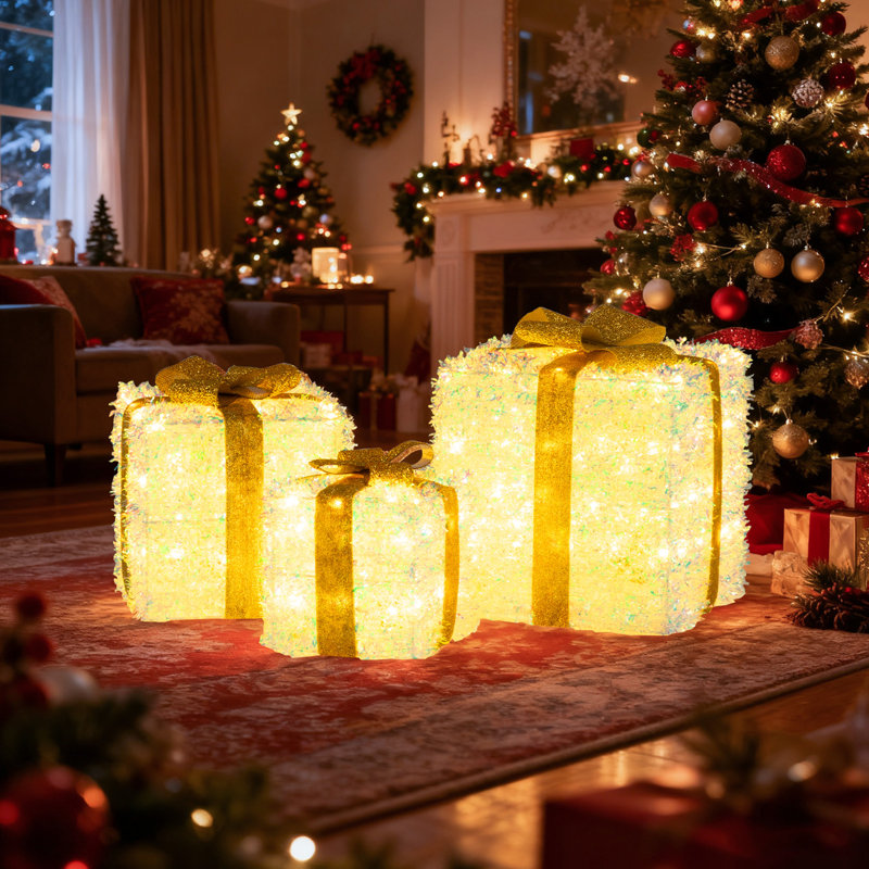 Set Of 3 Christmas Lighted Gift Boxes Pre-Lit Tinsel Present Boxes