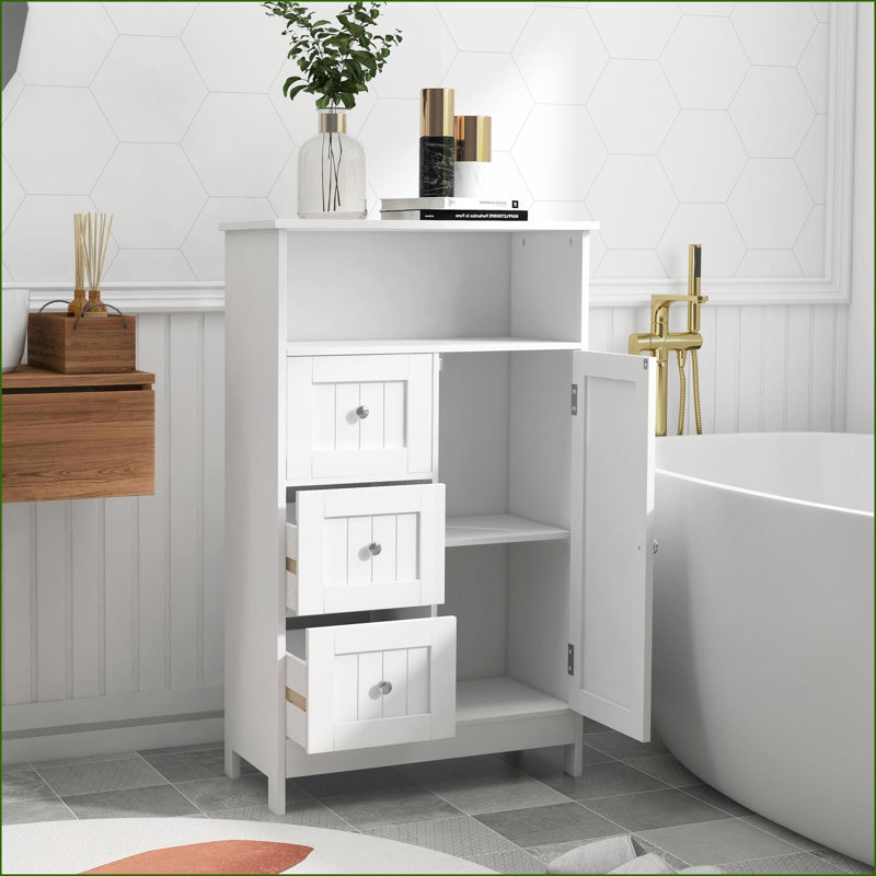 Armoires à 3 tiroirs Rangement debout 1 porte pour salle de bain, blanc cassé moderne | Panneau de fibres à densité moyenne | Moderne