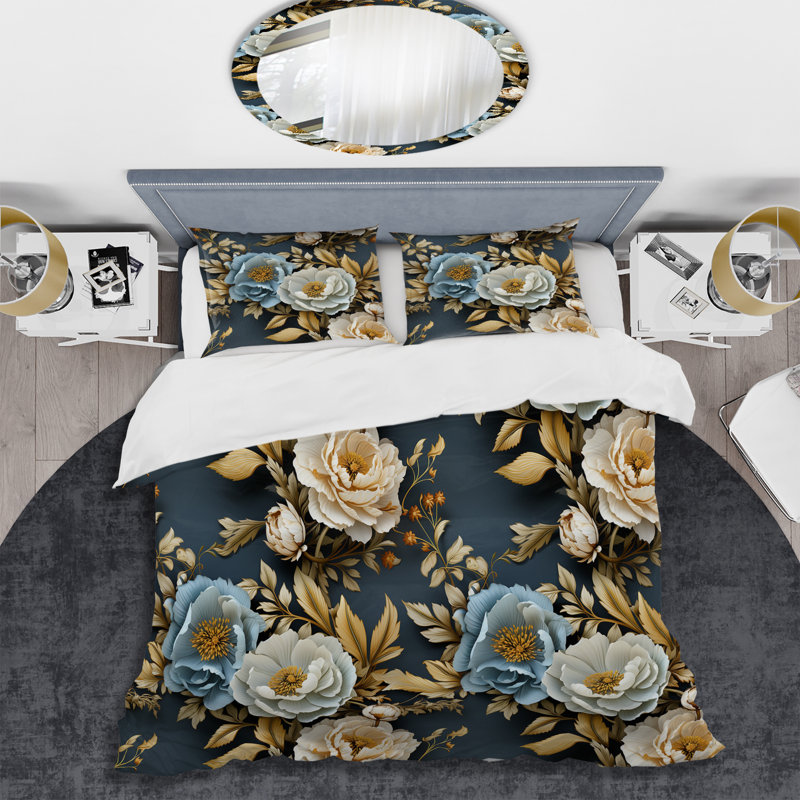 Literie Blue Timeless Floral Elegance Wonderland, Housse de couette pour grand lit et 2 taies décor