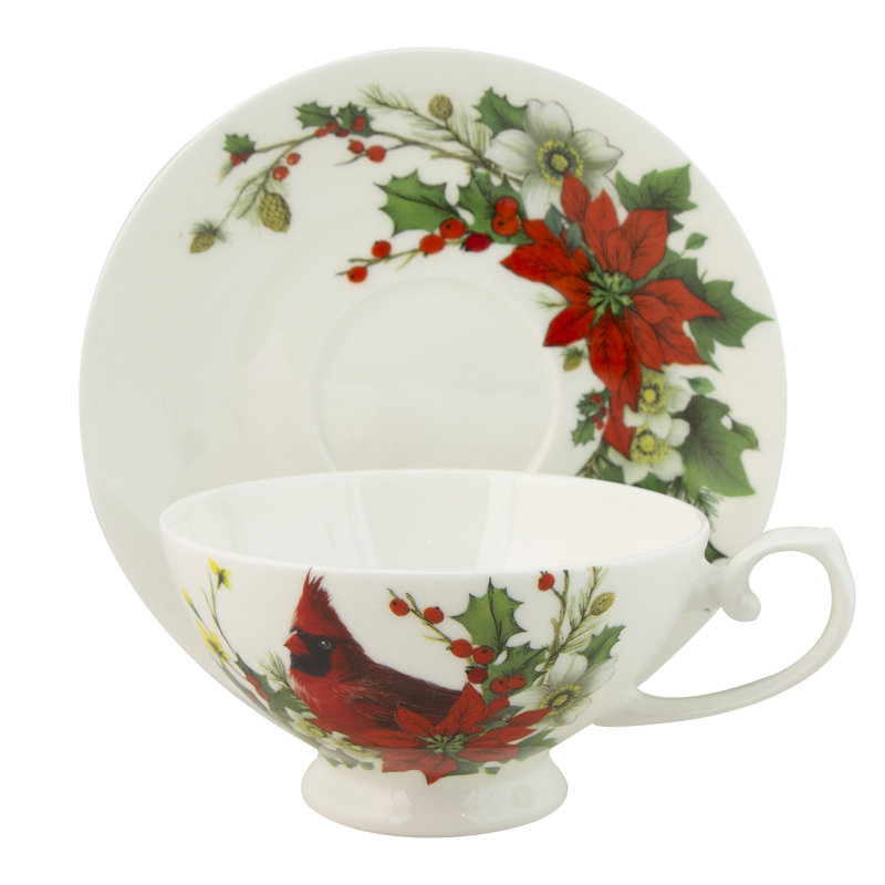 Bone China Winter Cardinal Poinsettia Teacups & Saucers, Set of 2