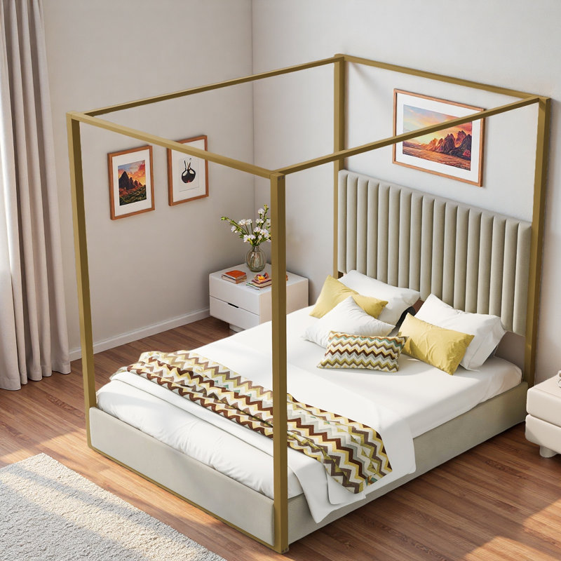 Lit plateforme à baldaquin avec tête de lit tapissier et structure en métal Upholstery, Beige/or