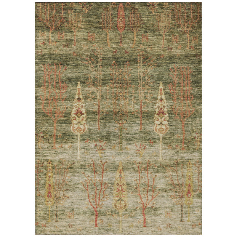 Tapis intérieur/extérieur lavable, 2,44 m x 3,05 m, motif floral vert artichaut et rouille