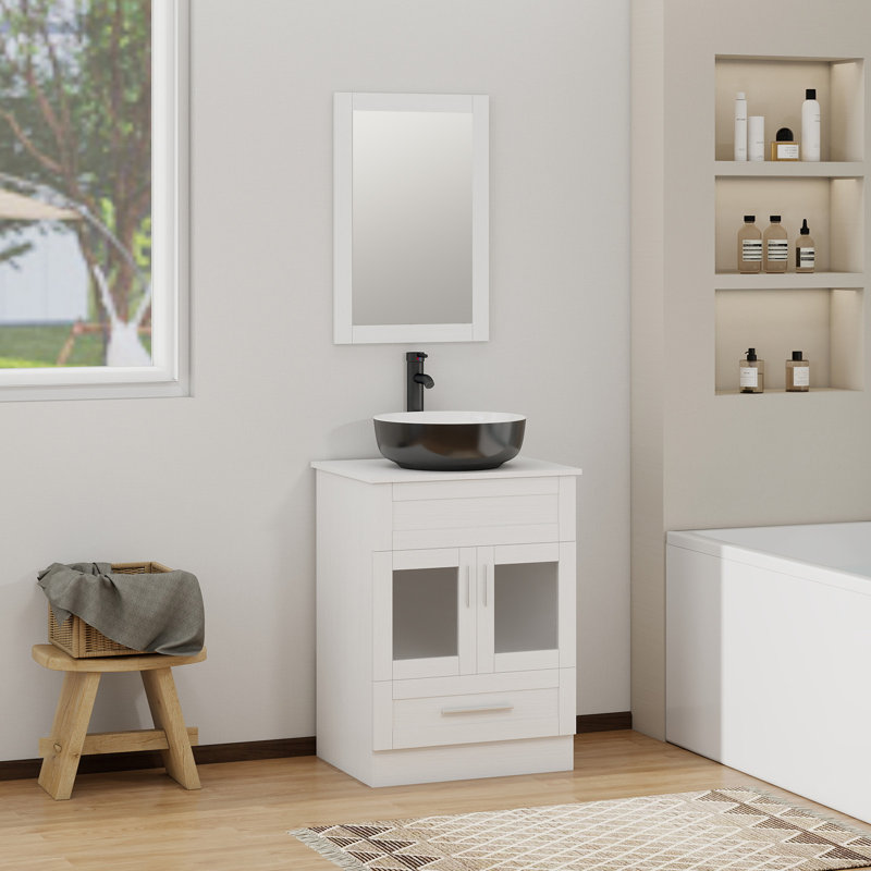 Ensemble de meuble-lavabo simple 24 po avec miroir Andoro, Blanc, Noir / blanc