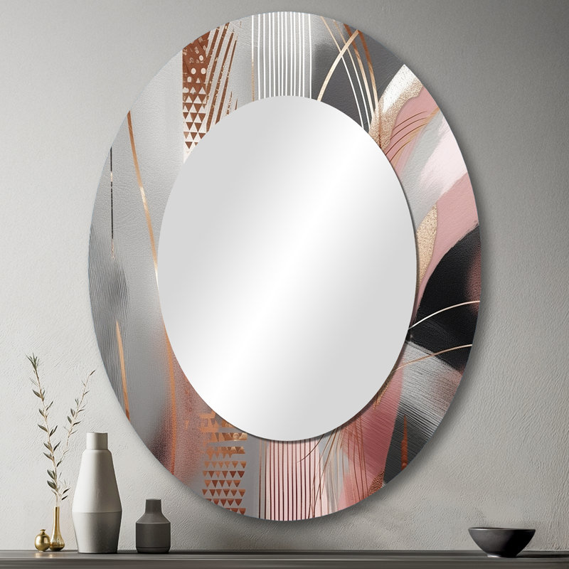 Pink Rosegold Circle Complexity I - Abstract Oval Decorative Mirror On Metal, 43" x 33"