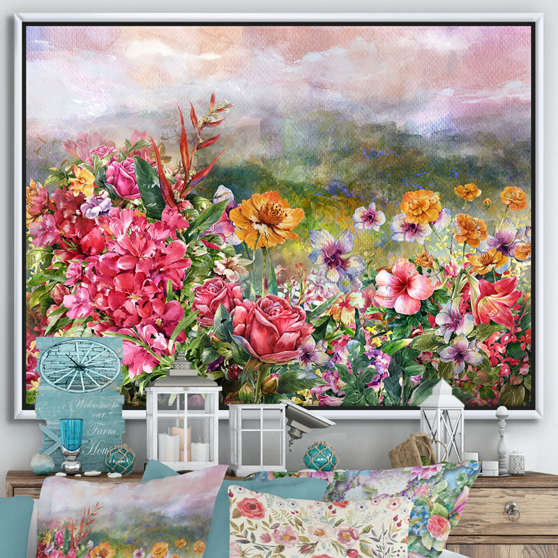 Fleurs printanières multicolores sur fond brumeux - Impression sur toile, Toile avec cadre blanc