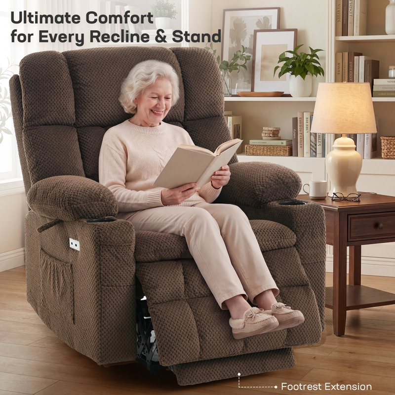 Dual Motor Power Lift Chair Recliner for Elderly with Massage and Heat, Infinite Position Electric Lift Recliner with Adjustable Headrest, USB (T6015 - Plush Fabric, Dark Brown, Oversized)