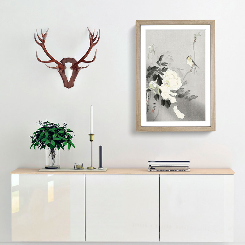 Swallow with Peony by Ohara Koson - Picture Frame Art Prints, 48cm H x 36cm W x 2cm D, Oak Framed