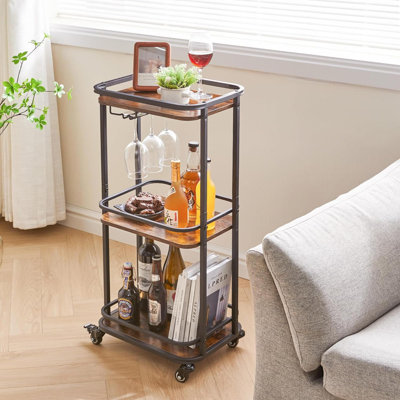 3-Tier Rolling Home Bar Serving Cart, 11.79X15.72X33.01 Inches Kitchen Storage Cart With Wheels, Mini Bar Cart For Home Outdoor Kitchen Bedroom