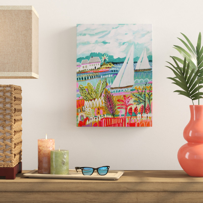 «Deux voiliers et chalet II», peinture sur toile tendue, H 32 po x l 24 po x P 2 po