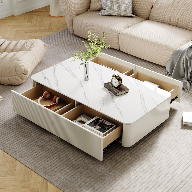 52'' Modern Rectangular Coffee Table With Faux Marble Top, 4 Large Drawers And Gold Stainless Steel Base, Fully Assembled