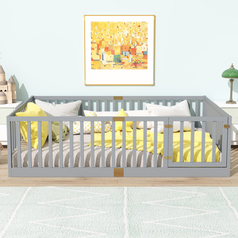 Full Size Floor Bed with High Fence Railings, with Door,6 Slats Included, Rubber Wood Floor Bed with Safety Guardrails,Grey