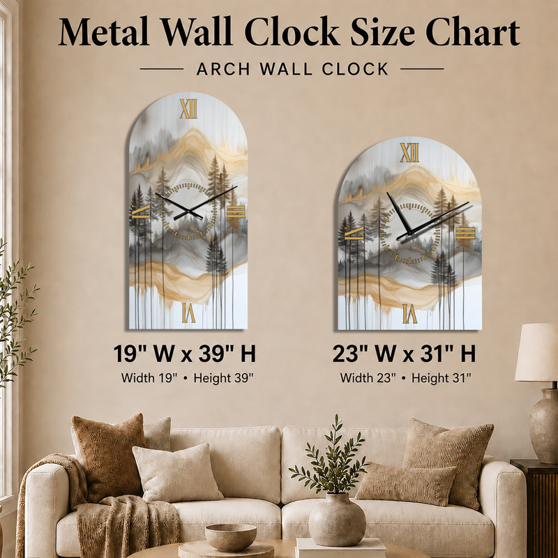 Gold Forest and Peaks Solitude Horizon I - Horloge murale en métal arquée glamour, H 39 po x l 19 po - Arche
