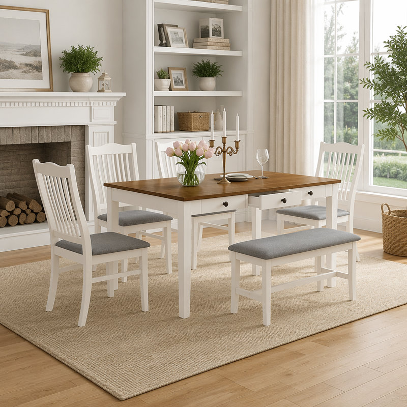 Ensemble de table de salle à manger Mid-Century en bois 6 pièces avec tiroir, chaises rembourrées et banc pour petits espaces