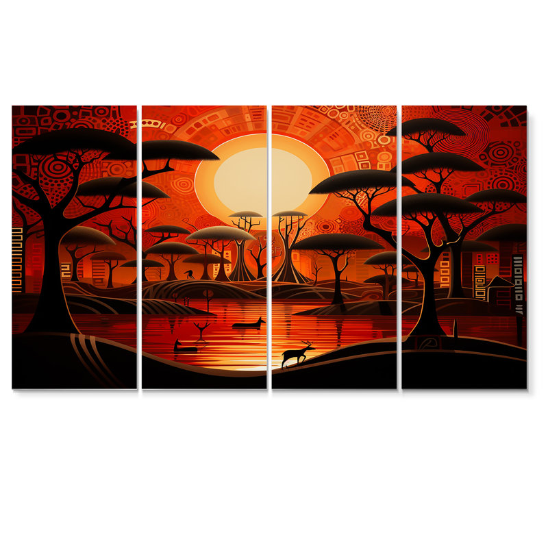 Pleine lune magique, lac Baobab, art mural africain sur toile, 4 pièces, H 28 po x l 48 po