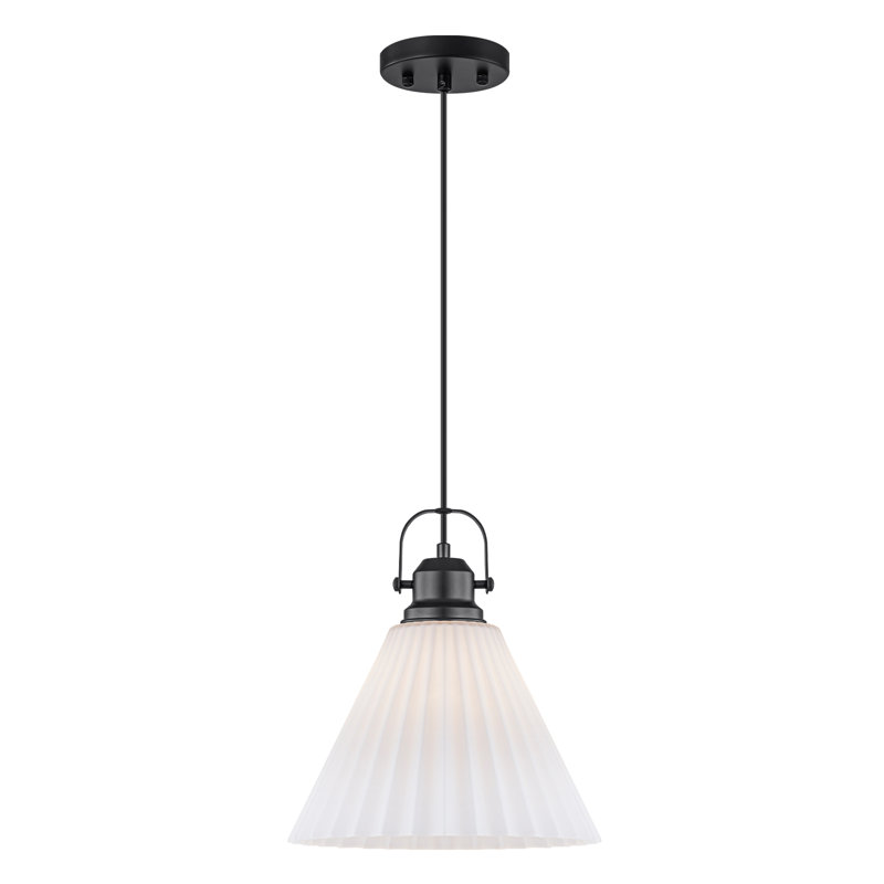 Luminaire suspendu en verre plissé Farmhouse, hauteur réglable de 13 po à 92 po, cadre à poignée rétro noir mat avec abat-jour en verre blanc givré, base E26, homologué ETL - parfait pour la salle à manger avec îlot de cuisine